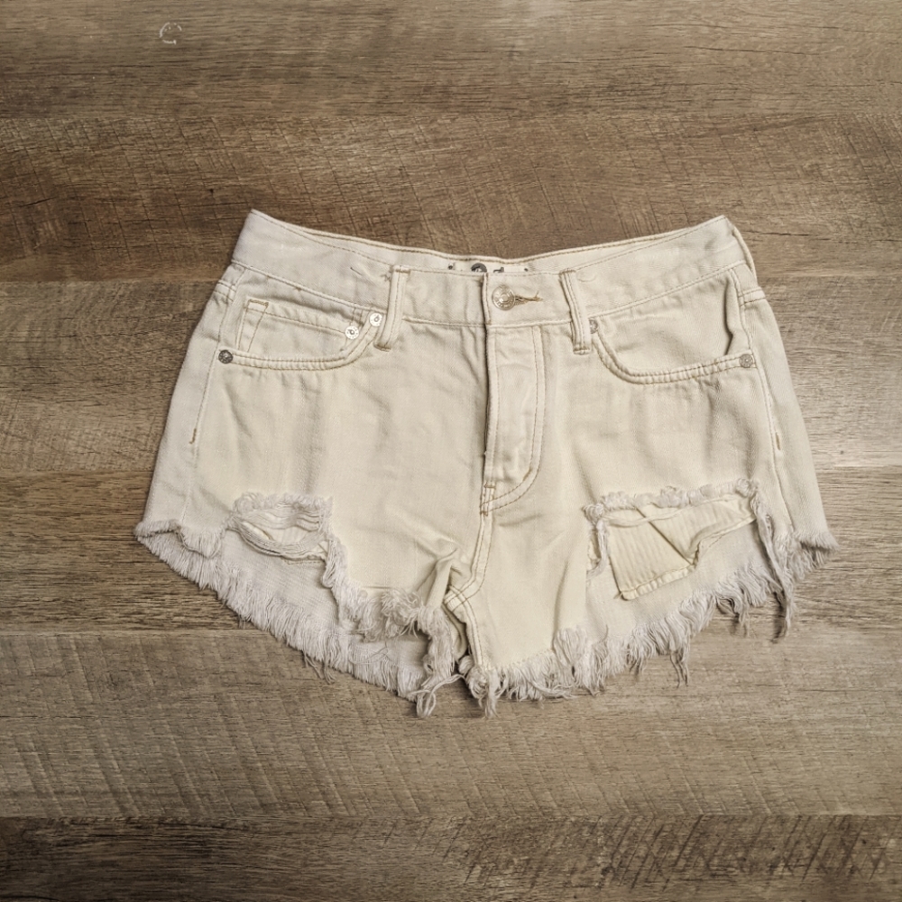 We the Free Beige White Destroyed Shorts Raw Hem